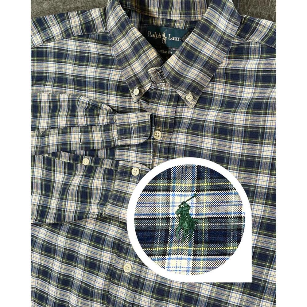 Ralph Lauren Classic Fit Plaid Shirt Mens Size Large - Pony Logo Navy and Yellow